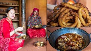 साउने संक्रान्ति स्पेशल, घरमा सेलरोटी र खसीको मासु बनाएर खाईयो | Selroti Recipe | Mutton recipe