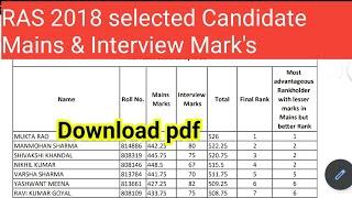 RAS 2018 selected Candidate Mains & Interview Mark's जारी | rpsc ras final marks 2022  | ras pdf