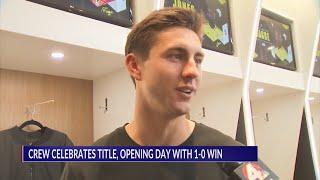 Crew goalkeeper Patrick Schulte reacts to Crew opening day win