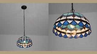 Aeyee Tiffany Chandelier Light Blue Stained Glass Pendant Light Fixture, Vintage Hanging Lamp