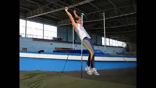 A special pole vaulter's exercise on a gymnastic crossbar