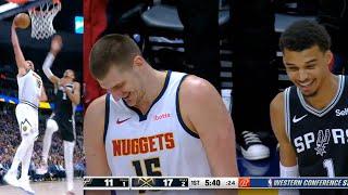 Nikola Jokic and Victor Wembanyama laugh after Jokic dunked over Wemby 