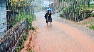 heavy rain with thunder in my beautiful village, water overflow in to the road, walk in rain