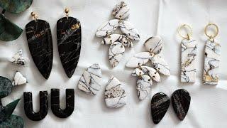 Polymer Clay Black & White Gold Marble Howlite Stone Earrings | Polymer Clay Earrings For Beginners