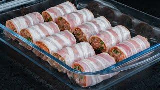 Fine rolls made of bacon with minced meat - super juicy!