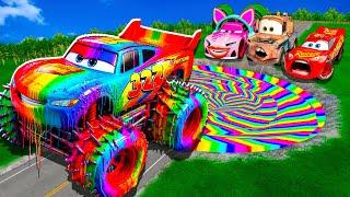 Rainbow Pit Transform In Big & Small:McQueen Golden & Mater vs  Pixar Cars! Beam.NG Drive!