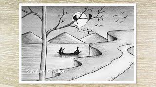 How to draw Sunset Scenery with Pencil Sketch, Easy Pencil Shading Drawing
