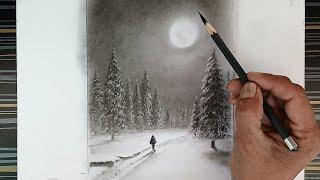 Time-lapse landscape: moonlight winter season by pencil.