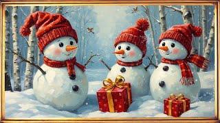 Snowman Art Screensaver with Music | 4K Christmas Art with Music | Gold Frame TV Art |18 Images