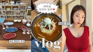 VLOG::면면면특집〰️부산은 밀면이지소파 구매하고 빈티지 가구 구경,갈비국수,시장도너츠