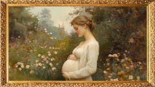 Gold Framed Vintage TV Art: Heartwarming Oil Painting of a Pregnant Woman Admiring Her Belly