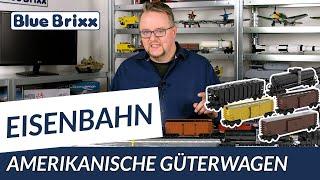 5 Güterwagen amerikanischer Bauart von BlueBrixx - mit neuem Schüttgutwagen!