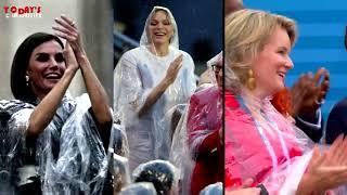 Queens and princess look glamorous despite plastic rain ponchos in Paris