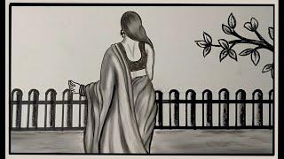 how to draw girl backside in saree || #art #drawing #youtube #viral #sketch