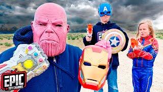 Hero Kidz: Thanos Iron Gauntlet vs Kids with Nerf Blasters - Avengers Pretend Play