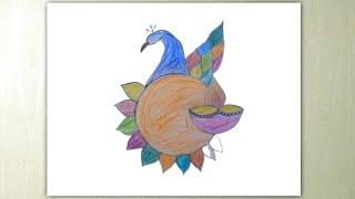 Beautiful Peacock and Diya Drawing for Diwali | Step-by-Step Tutorial