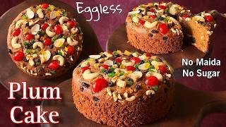 Eggless Plum Cake Without Oven | No Maida No Sugar| Wheat flour Plum Cake | Easy Soft Dry Fruit Cake