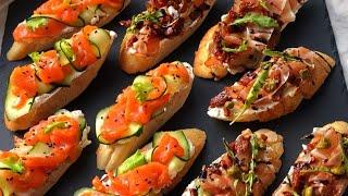 Appetizer ideas for the holiday menu. salmon Bruschetta and prosciutto bruschetta . Cold canapés