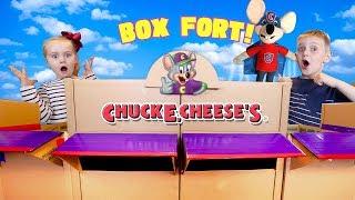 We Built a Chuck E Cheese Cardboard Box Fort in our House!