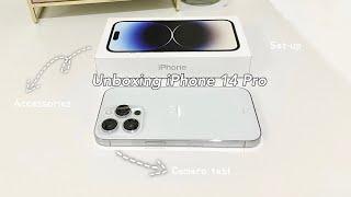 iPhone 14 pro (silver) unboxing | set-up + camera test + accessories! asmr, aesthetic