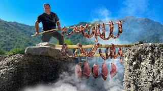 Primitive Technology Of Cooking Homemade Hot Smoked Meat In The Mountains!