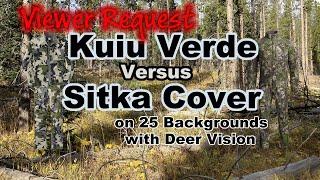 Kuiu Verde Vs Sitka Cover hunting camo in Human and Deer Vision on 25 Backgrounds