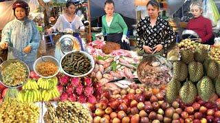 Evening Cambodian Market Food in the Heavy Rain -Chicken, Pork, Fish, Fruits, Vegetables & More