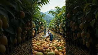 The mango plantation is lush green with mountains and a stream in the background. #fruits #love