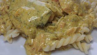 Einfacher Lachsfilet Curry Sahne Soße mit Nudel|Simple salmon fillet curry cream sauce with noodle