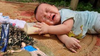 mother in trouble, hungry boy looking for food around