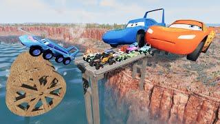 BIG & SMALL PIXAR CAR vs LIGHTNING MCQueen, Tow Mater, Dinoco vs WHEELS WATER Bridge- BeamNG.Drive