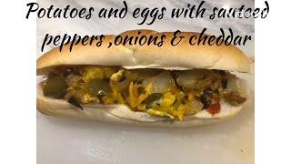 Potatoes, eggs, peppers & onions w/ cheddar sub sandwich ~ Aunt Susie's Kitchen