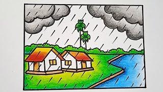 easy rainy season village scenery drawing || step by step