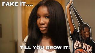 How to Fake a Silk Press on Long Natural Hair| THE MOST NATURAL GLUE-LESS KINKY WIG INSTALL