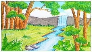How to draw  scenery of rainforest  step by step