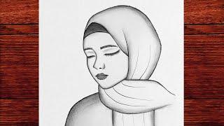Tesettürlü Bir Kız Çizimi, Karakalem Kapalı Tesettürlü Bir Kız Çizimi, How to draw a Girl with Hijab