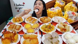 Massive Dim Sum Mukbang! Shrimp Dumplings, Steamed Buns, Gyoza & Egg Tarts - Eating Less Talking