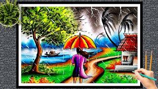 rainy day drawing/rainy season drawing/monsoon season drawing/rainy day village scenery drawing.