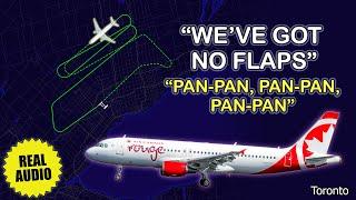 Flapless landings. Air Canada Rouge Airbus A320 declares PAN-PAN at Toronto. Real ATC