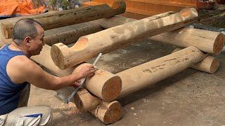 Cheap Wood Processing - The Process Of Building Bed From Round Tree Trunk With Sturdy Joints