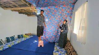 "Installing curtains for the living room ceiling to beautify the house by Mohammad and Razia"