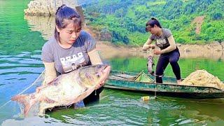 Catching fish on a big lake to sell, Unexpected harvest of a girl on a deserted island