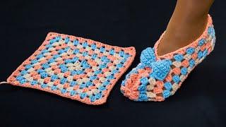 Easy crochet granny squares slippers - step by step tutorial!