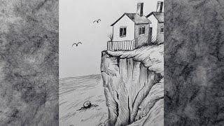 Landscape Drawing with Pencil / Pencil Sketch Tutorial for Beginners / Houses, Sea and Mountains