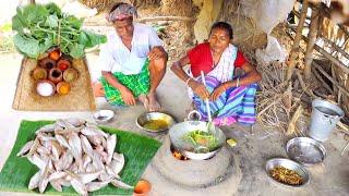 PUMPKIN LEAVES and SMALL FISH curry cooking for eating with rice by santali tribe grandmaa