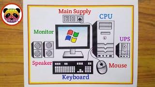 How to Draw Desktop Computer Step By Step Very Easy Method / Computer Parts Drawing / Computer Draw