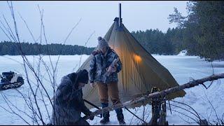 WINTER CAMPING ON LAKE ICE -25º | VALENTINES DAY TRIP | HOT TENT AND WOOD STOVE  // EFRT S8 EP7