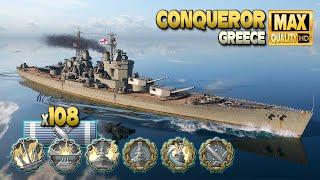 Battleship Conqueror fighting on map Greece - World of Warships