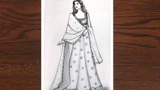 A Girl beautiful traditional dress -lehenga drawing || Pencil sketch for beginner || Mandala art