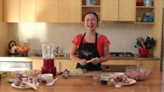 Poh Ling Yeow cooking Chicken Satay with Peanut Sauce